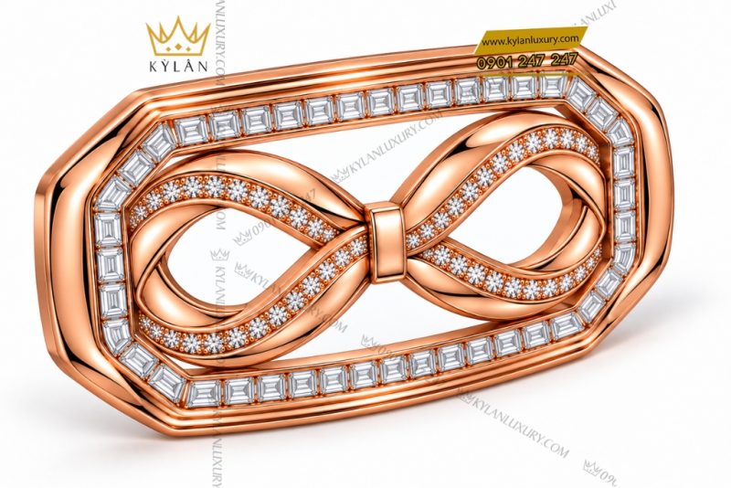 Mặt thắt lưng vàng hồng Au750 đính kim cương