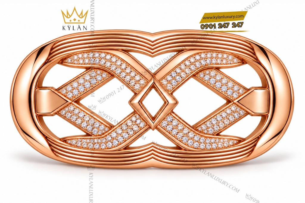 Kỳ Lân Luxury Mat that lung vang hong Au750 dinh kim cuong hoa tiet chu X 1 Mặt thắt lưng vàng hồng Au750 đính kim cương họa tiết chữ X