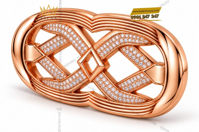 Mặt thắt lưng vàng hồng Au750 đính kim cương họa tiết chữ X