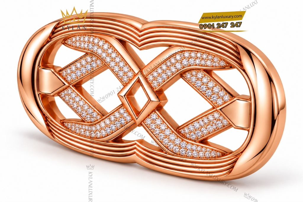 Kỳ Lân Luxury Mat that lung vang hong Au750 dinh kim cuong hoa tiet chu X 2 Mặt thắt lưng vàng hồng Au750 đính kim cương họa tiết chữ X