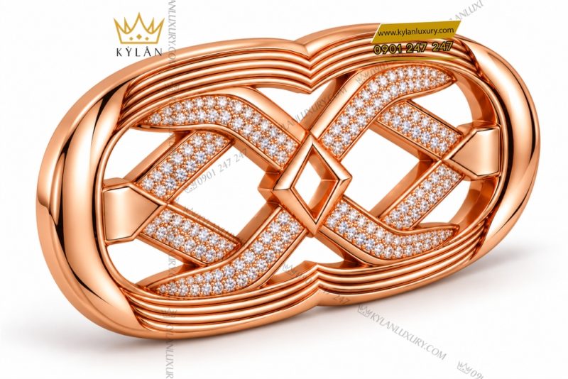 Mặt thắt lưng vàng hồng Au750 đính kim cương họa tiết chữ X