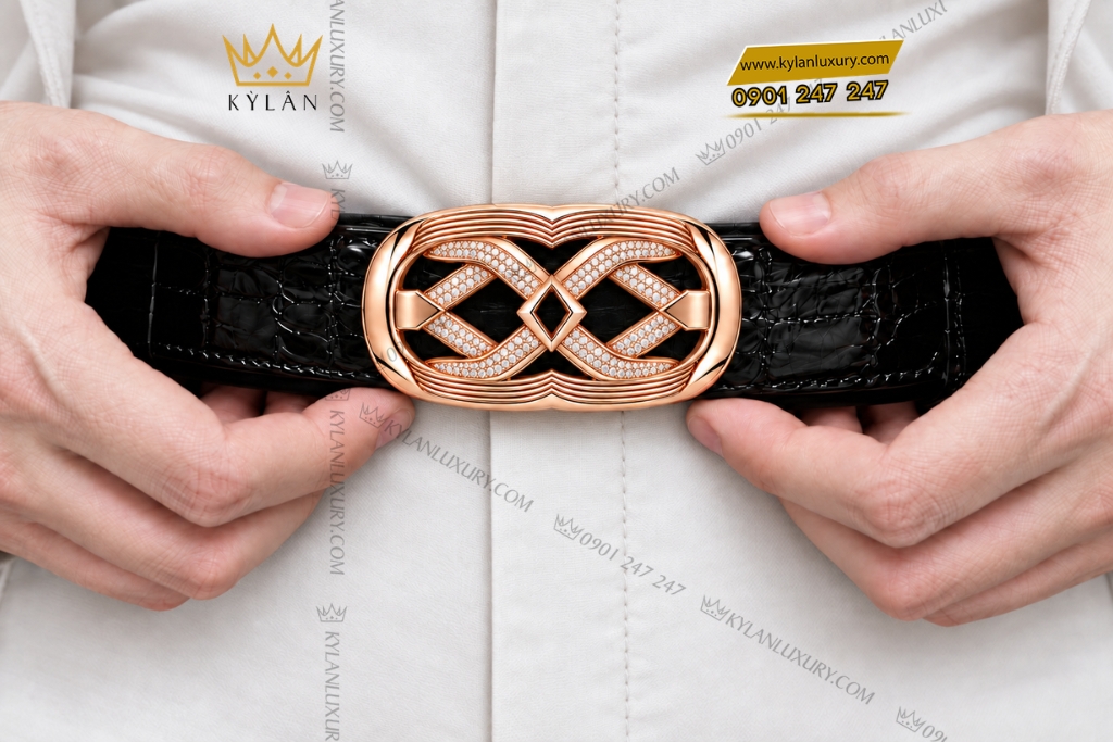 Kỳ Lân Luxury Mat that lung vang hong Au750 dinh kim cuong hoa tiet chu X 9 Mặt thắt lưng vàng hồng Au750 đính kim cương họa tiết chữ X