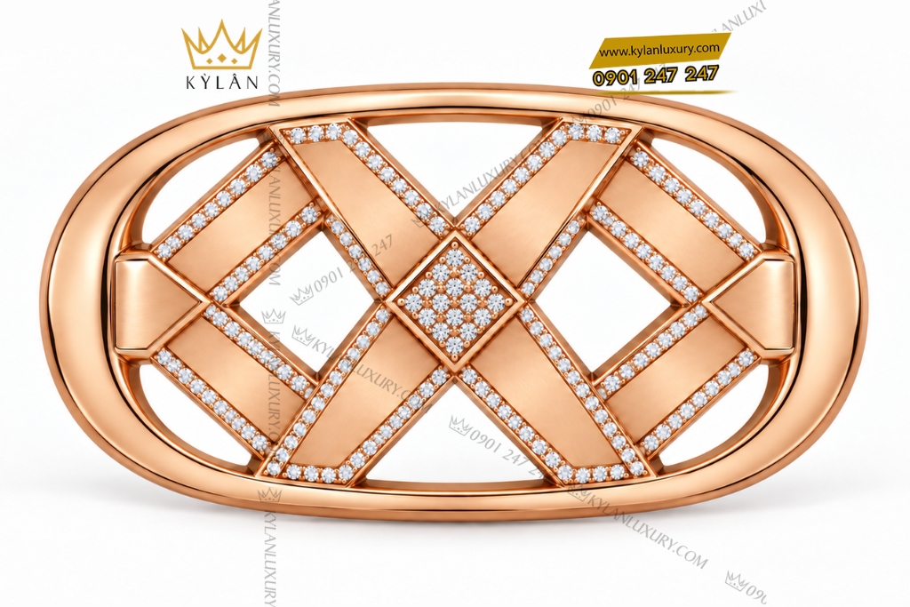 Kỳ Lân Luxury Mat that lung vang hong Au750 dinh kim cuong hoa tiet dan luoi 1 Mặt thắt lưng vàng hồng Au750 đính kim cương họa tiết đan lưới