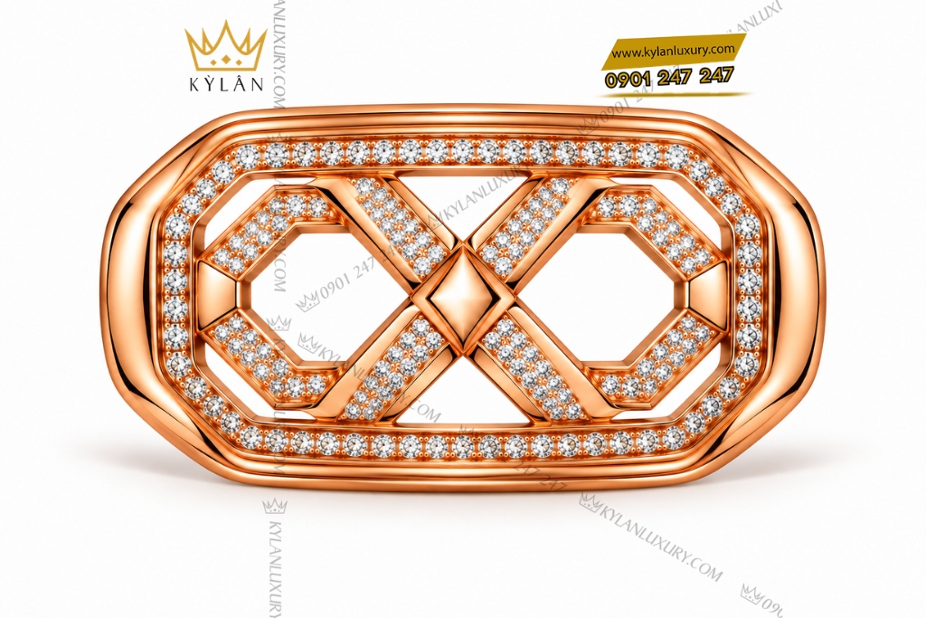 Kỳ Lân Luxury Mat that lung vang hong Au750 dinh kim cuong hoa tiet mat xich bat giac 1 Mặt thắt lưng vàng hồng Au750 đính kim cương họa tiết mắt xích bát giác