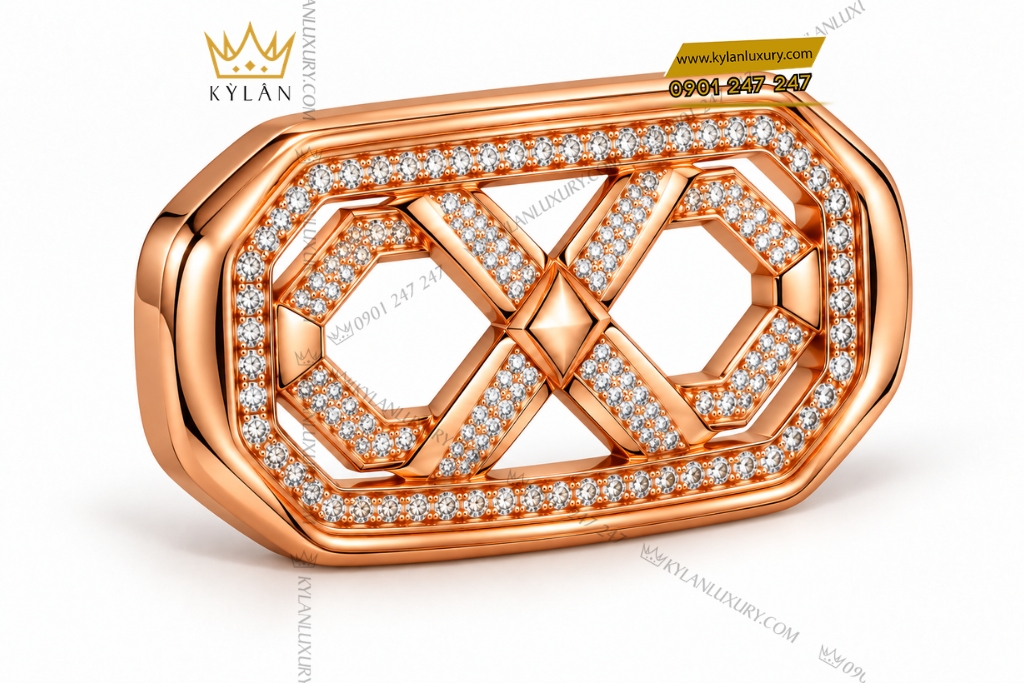 Kỳ Lân Luxury Mat that lung vang hong Au750 dinh kim cuong hoa tiet mat xich bat giac 2 Mặt thắt lưng vàng hồng Au750 đính kim cương họa tiết mắt xích bát giác