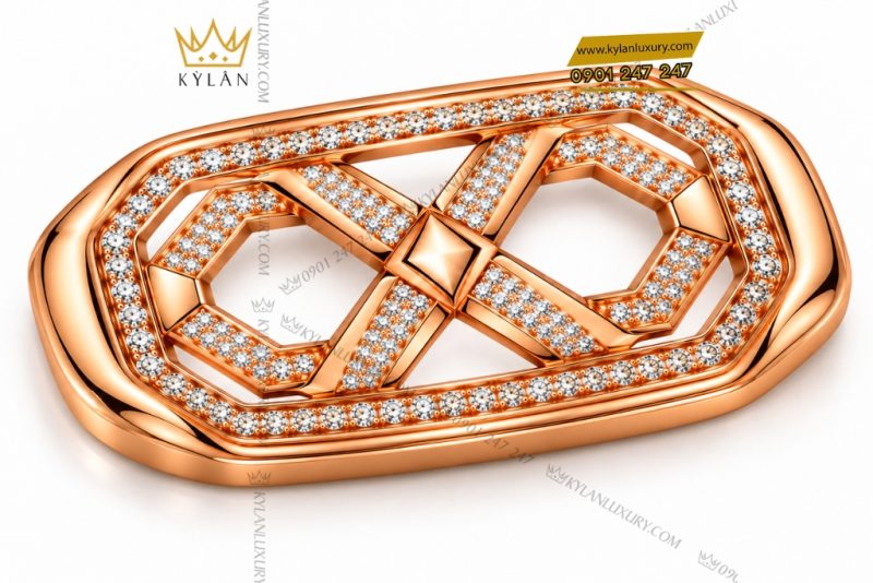 Mặt thắt lưng vàng hồng Au750 đính kim cương họa tiết mắt xích bát giác