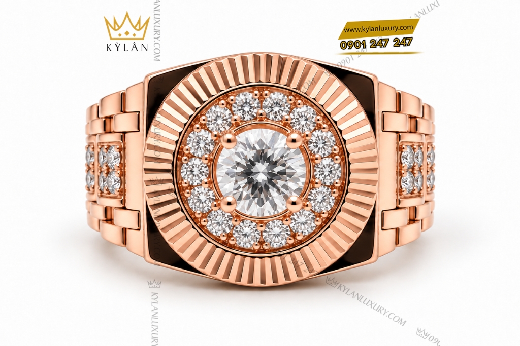 Nhẫn Kỳ Lân Signature vàng hồng Au750 đính kim cương chủ 6ly3