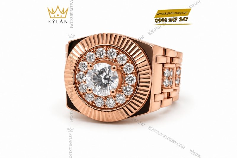 Nhẫn Kỳ Lân Signature vàng hồng Au750 đính viên chủ 6ly3