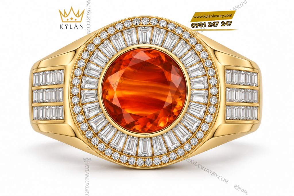 Nhẫn nam vàng Au750 đính sapphire cam