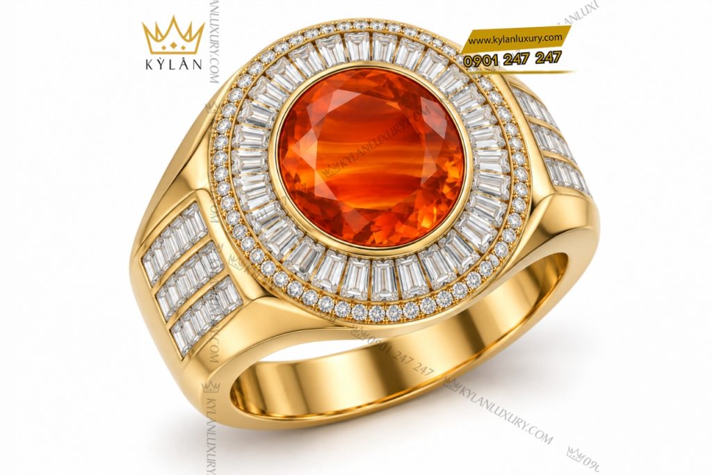 Nhẫn nam vàng Au750 đính sapphire cam