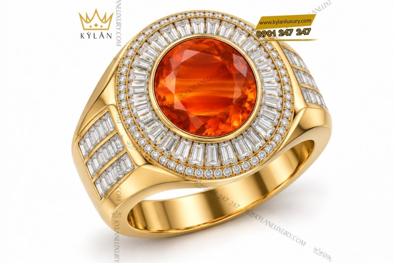 Nhẫn nam vàng Au750 đính đá sapphire cam