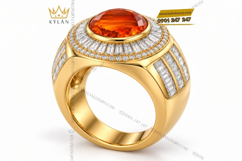 Nhẫn nam vàng Au750 đính đá sapphire cam