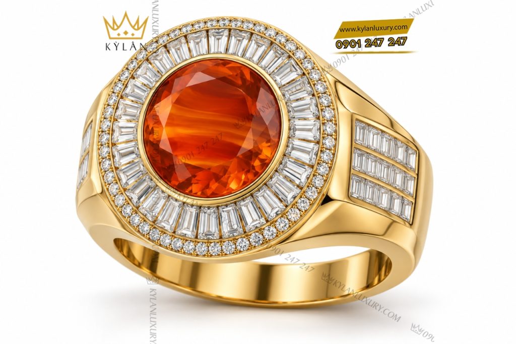 Nhẫn nam vàng Au750 đính sapphire cam