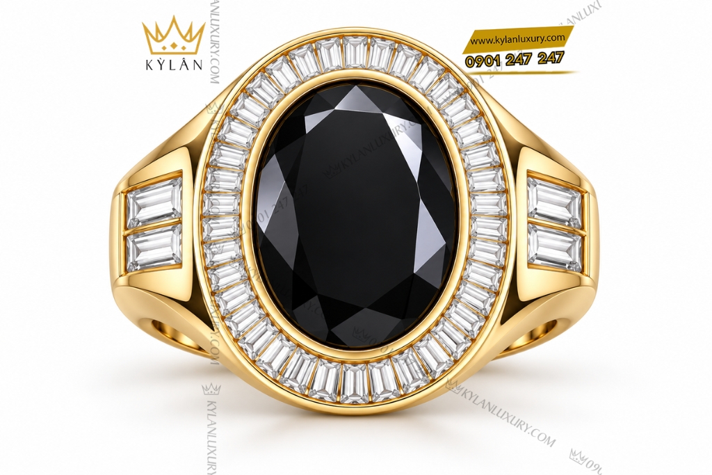 Kỳ Lân Luxury Nhan nam vang Au750 dinh sapphire den 1 Nhẫn nam vàng Au750 đính sapphire đen