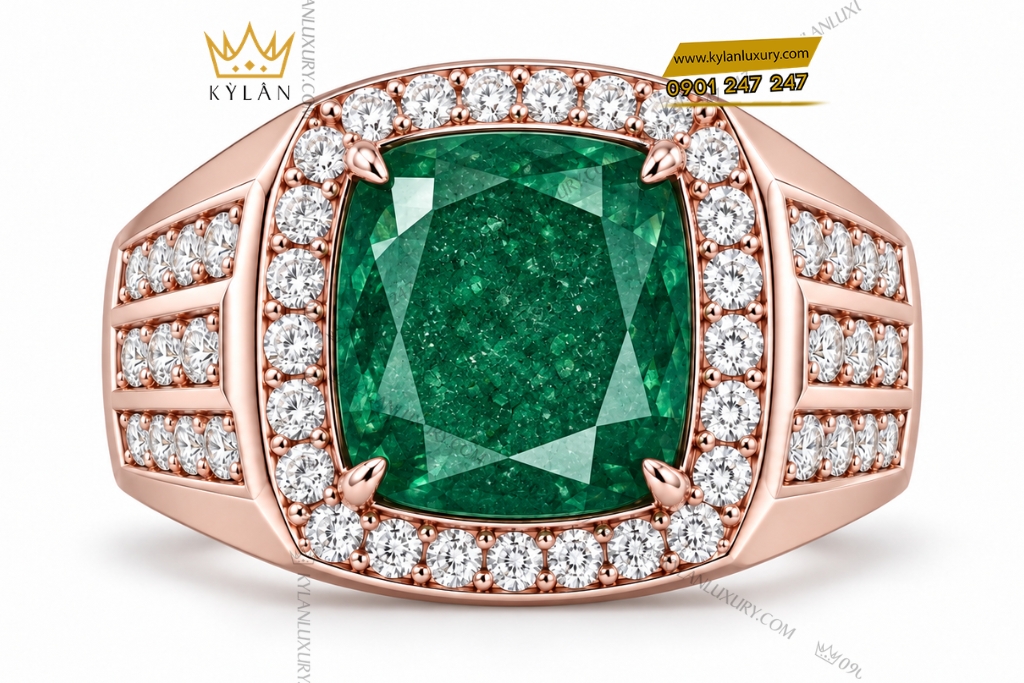 Kỳ Lân Luxury Nhan nam vang hong Au750 dinh ngoc luc bao 1 Nhẫn nam vàng hồng Au750 đính ngọc lục bảo