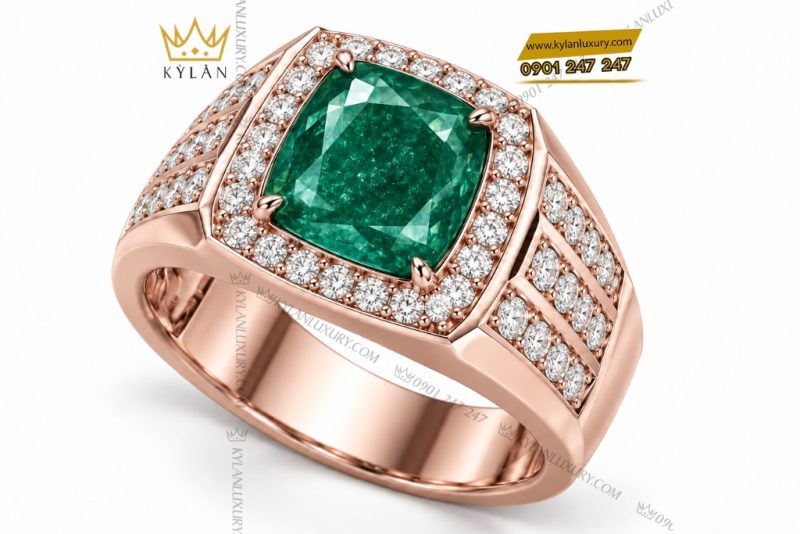 Nhẫn nam vàng hồng Au750 đính ngọc lục bảo