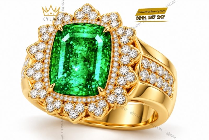 Nhẫn nữ vàng Au750 đính đá ngọc lục bảo