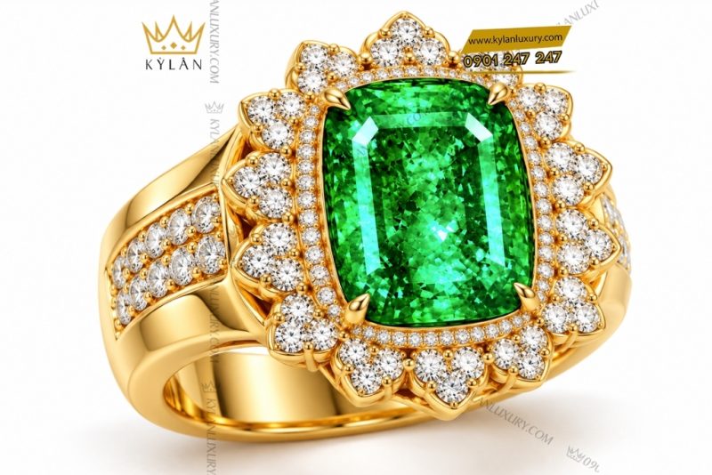 Nhẫn nữ vàng Au750 đính đá ngọc lục bảo