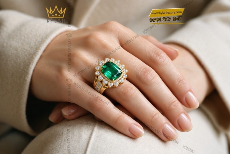 Nhẫn nữ vàng Au750 đính đá ngọc lục bảo
