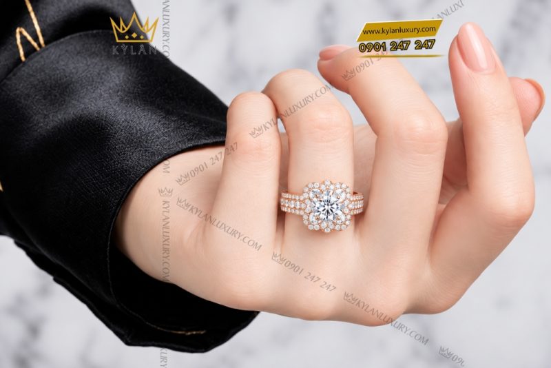 Nhẫn nữ vàng hồng Au750 đính kim cương