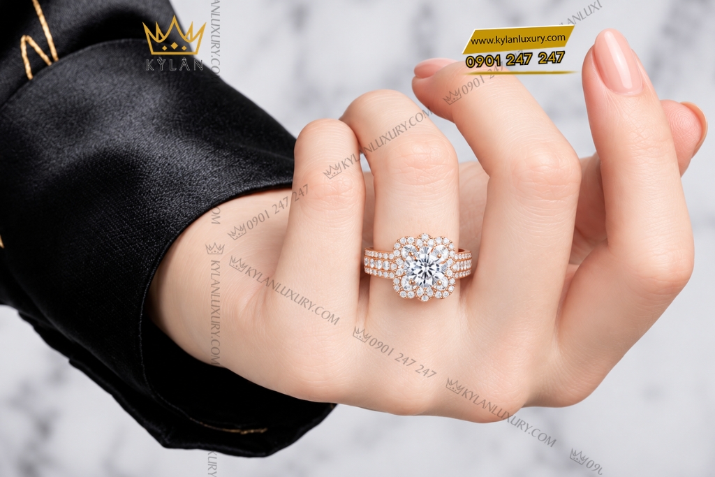 Nhẫn nữ vàng hồng Au750 đính kim cương