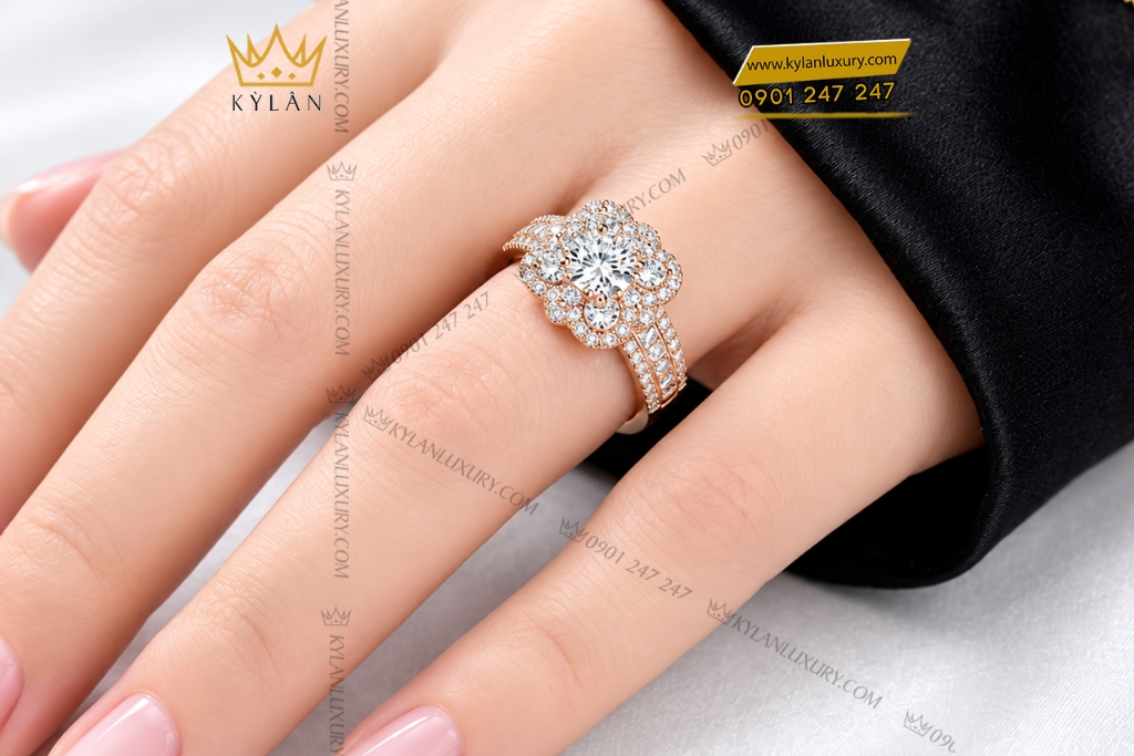 Nhẫn nữ vàng hồng Au750 đính kim cương