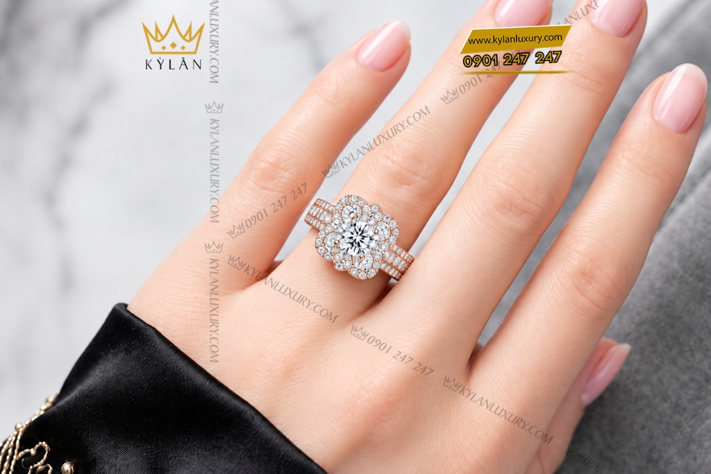 Nhẫn nữ vàng hồng Au750 đính kim cương