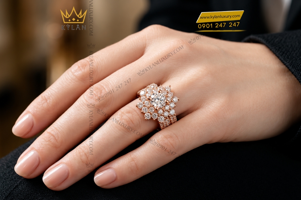 Kỳ Lân Luxury Nhan nu vang hong Au750 dinh kim cuong hoa tiet doa hoa 8 Nhẫn nữ vàng hồng Au750 đính kim cương họa tiết đóa hoa