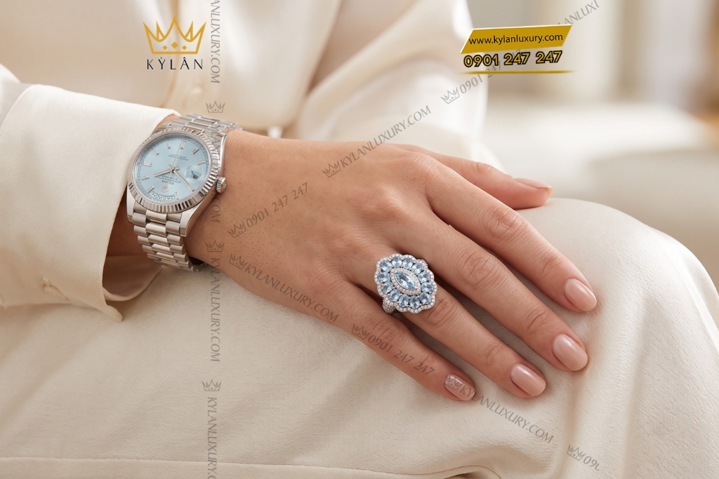 Nhẫn nữ vàng trắng Au750 đính sapphire xanh