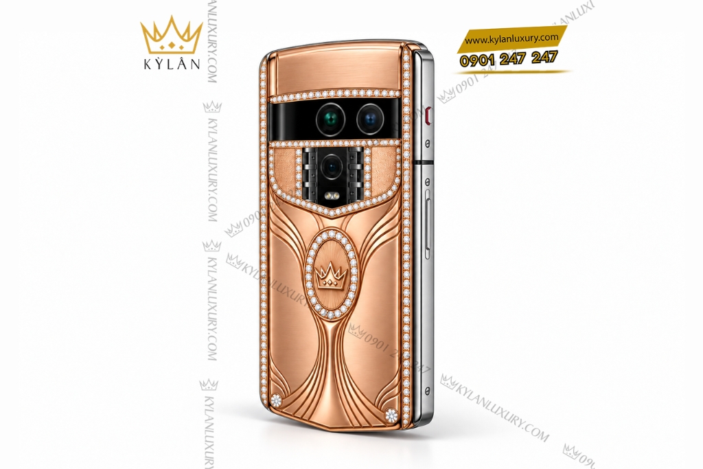 Vertu Agent Q custom vàng hồng Au750 kim cương họa tiết và logo Kỳ Lân
