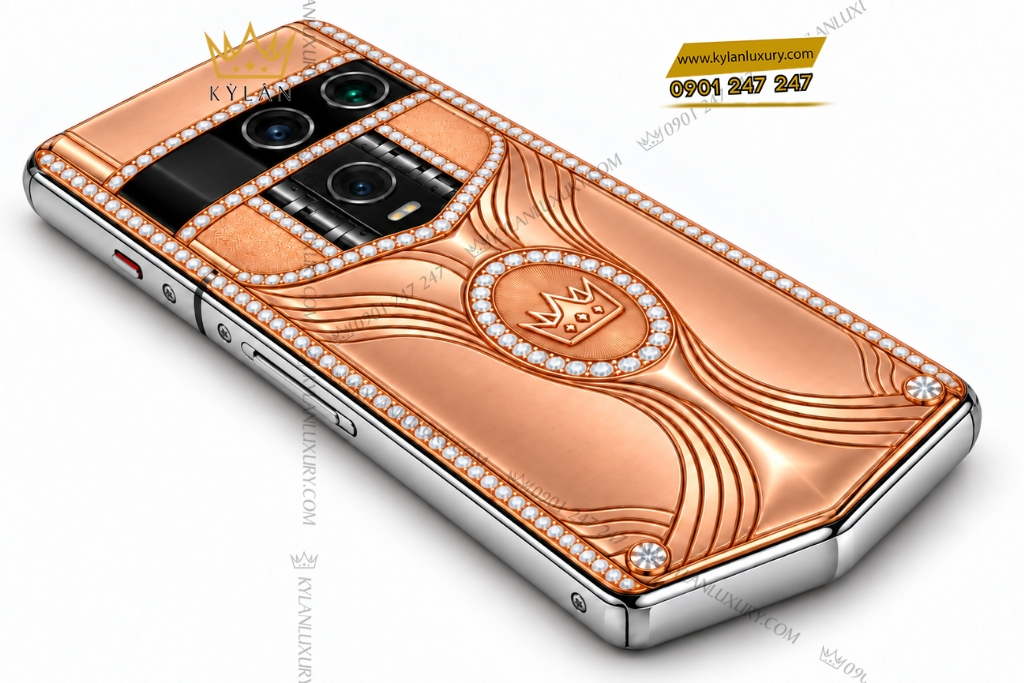 Vertu Agent Q custom vàng hồng Au750 kim cương họa tiết và logo Kỳ Lân