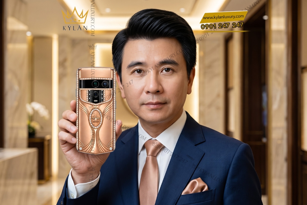 Vertu Agent Q custom vàng hồng Au750 kim cương họa tiết và logo Kỳ Lân