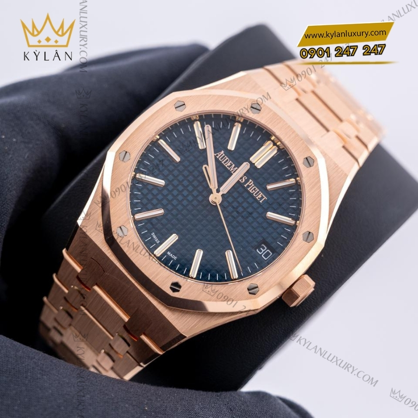 Kỳ Lân Luxury dong ho royal oak vang hong mat so xanh dem 15510or 11 Đồng hồ Royal Oak vàng hồng mặt số xanh đêm 15510OR