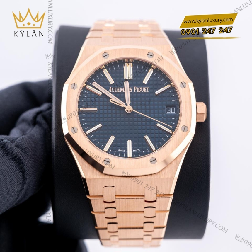 Kỳ Lân Luxury dong ho royal oak vang hong mat so xanh dem 15510or 4 Đồng hồ Royal Oak vàng hồng mặt số xanh đêm 15510OR