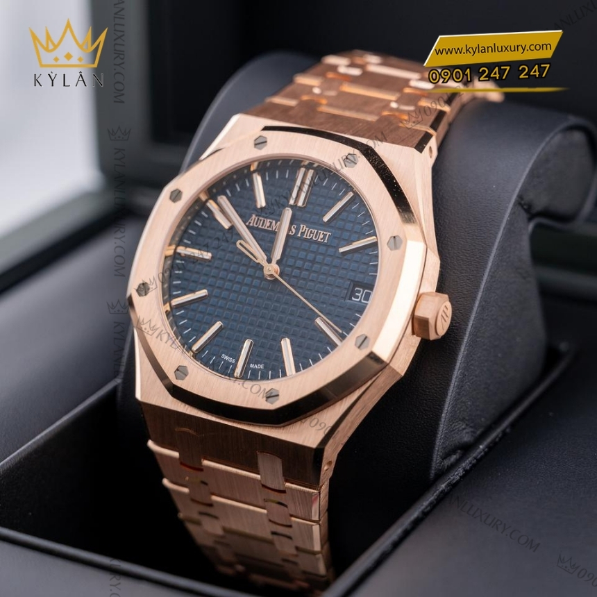 Kỳ Lân Luxury dong ho royal oak vang hong mat so xanh dem 15510or 8 Đồng hồ Royal Oak vàng hồng mặt số xanh đêm 15510OR