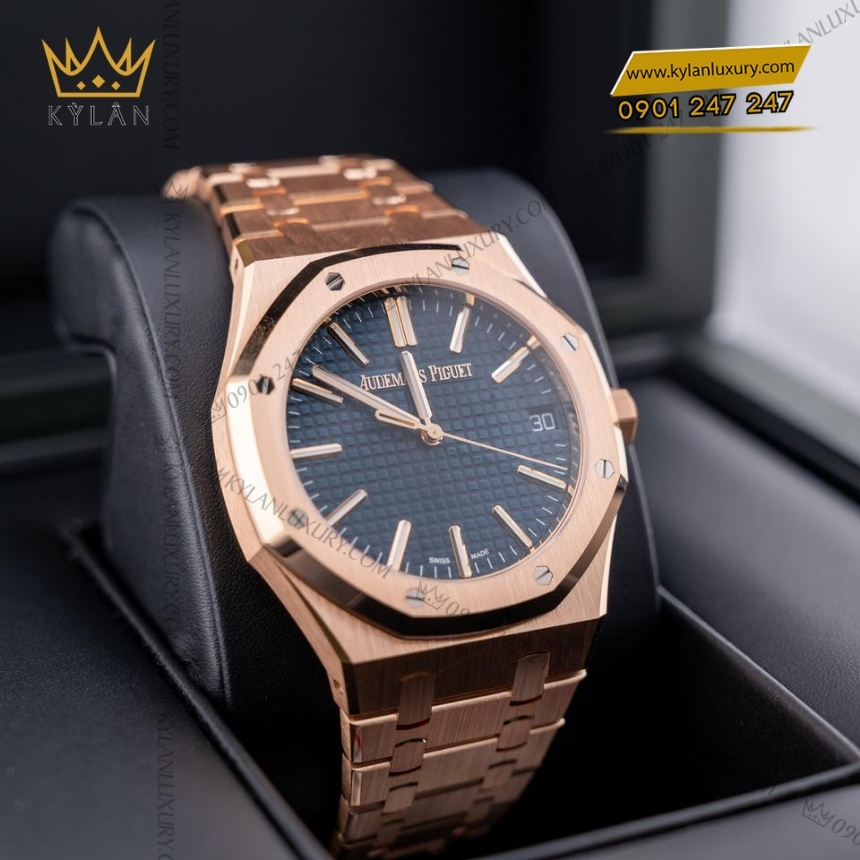 Kỳ Lân Luxury dong ho royal oak vang hong mat so xanh dem 15510or 9 Đồng hồ Royal Oak vàng hồng mặt số xanh đêm 15510OR