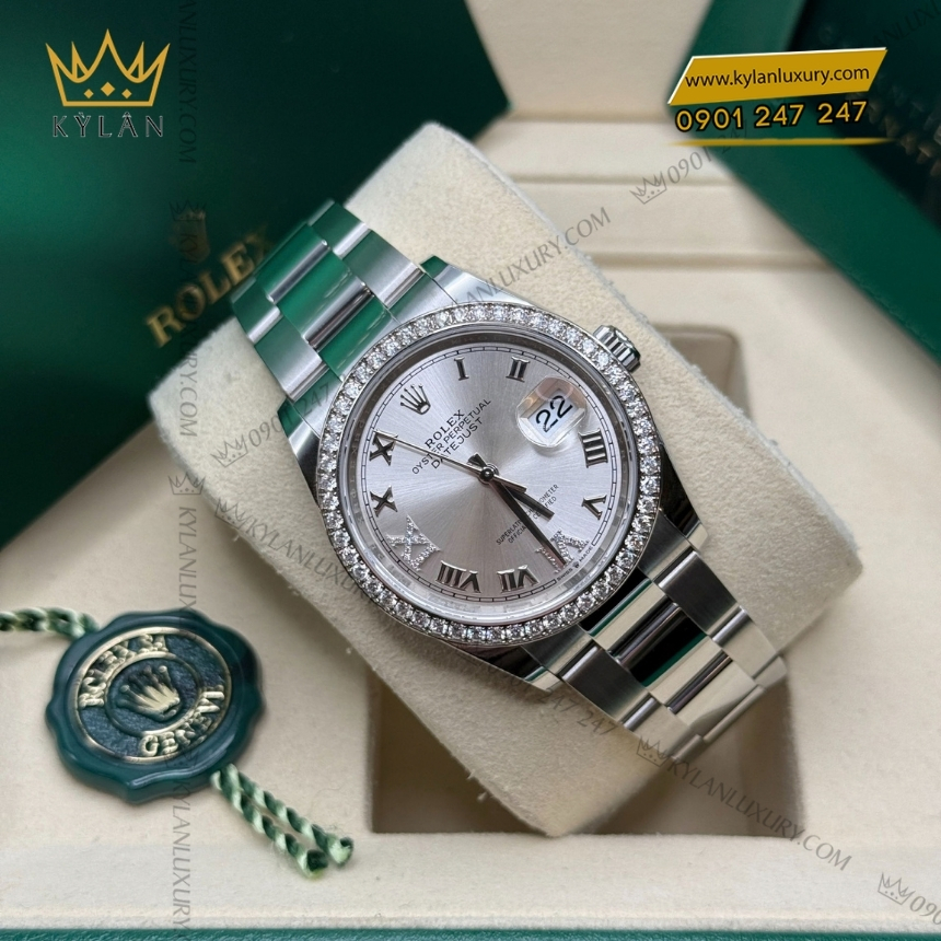 Kỳ Lân Luxury rolex datejust 36 mat bac la ma 126284rbr 0060 8 Đồng hồ Rolex Datejust 36 mặt bạc La Mã kim cương 126284RBR-0060