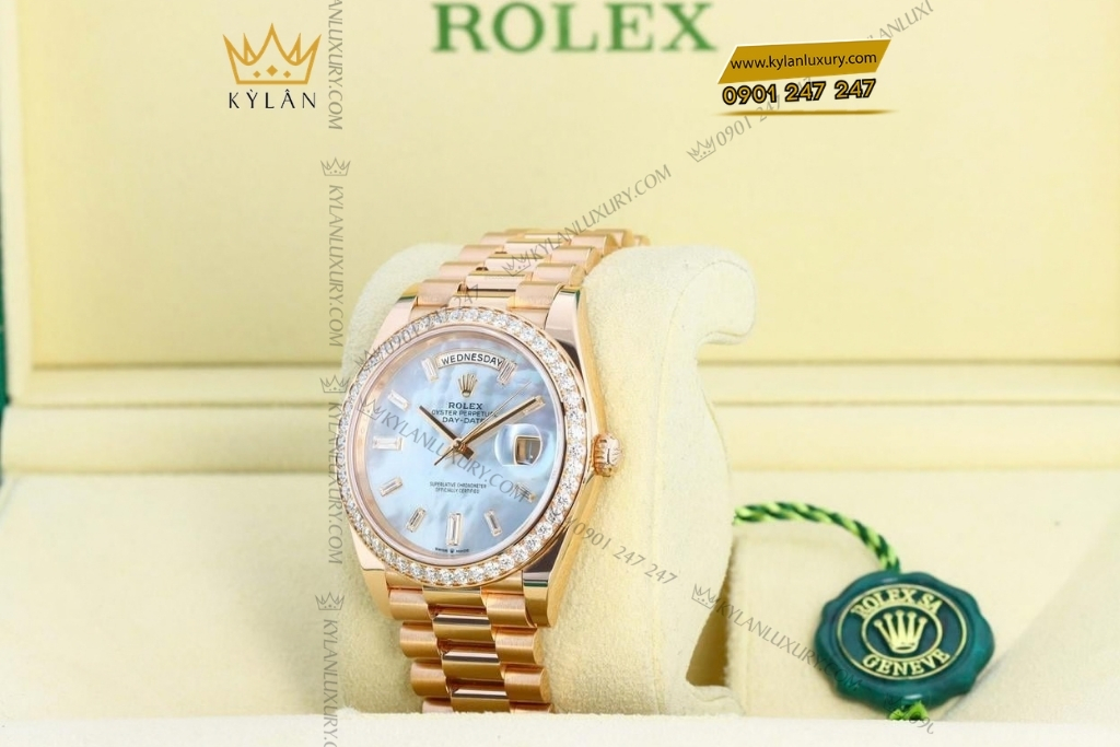 Kỳ Lân Luxury rolex day date 40 xa cu vanh kim 228345rbr 0026 7 Đồng hồ Rolex Day Date mặt xà cừ vành kim cương 228345RBR-0026