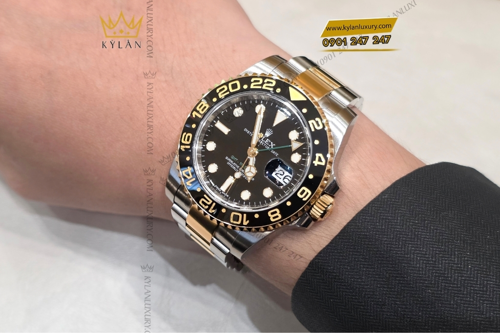 Kỳ Lân Luxury rolex gmt master ii 116713ln demi vang vang mat so den 9 Đồng hồ Rolex GMT Master II demi vàng vàng mặt đen 116713LN-0001