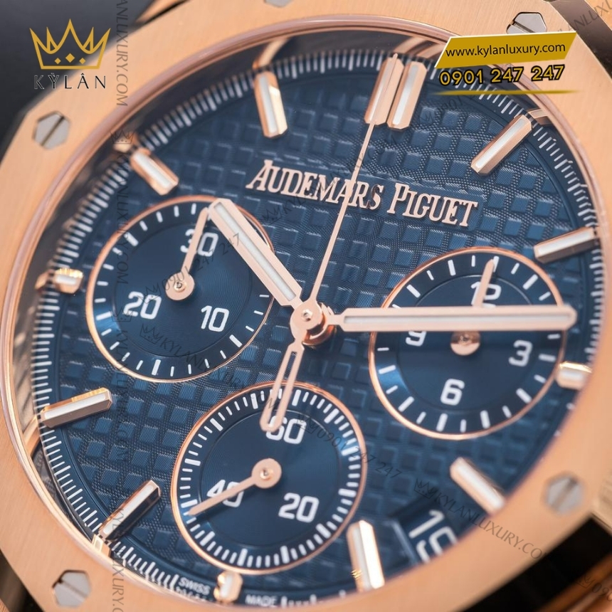 Kỳ Lân Luxury royal oak chronograph xanh duong day da 26240or 6 Đồng hồ Royal Oak Chronograph xanh đêm bản dây da 26240OR