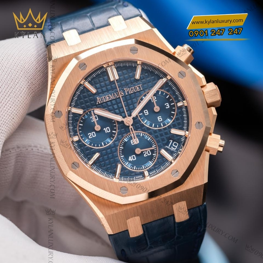 Kỳ Lân Luxury royal oak chronograph xanh duong day da 26240or 7 Đồng hồ Royal Oak Chronograph xanh đêm bản dây da 26240OR