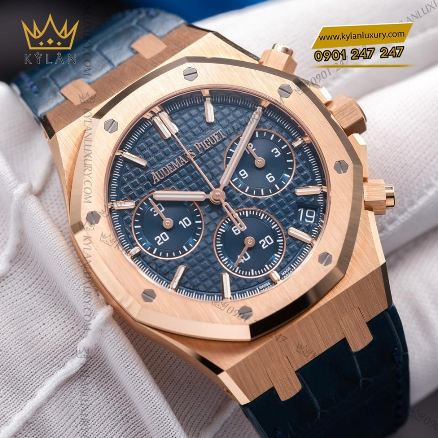 Kỳ Lân Luxury royal oak chronograph xanh duong day da 26240or 9 Đồng hồ Royal Oak Chronograph xanh đêm bản dây da 26240OR